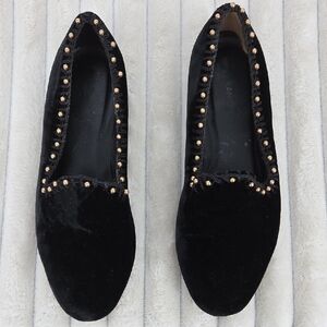 Ramon Tenza Black Velvet Slip-On Loafers with Gold Stud Accents
